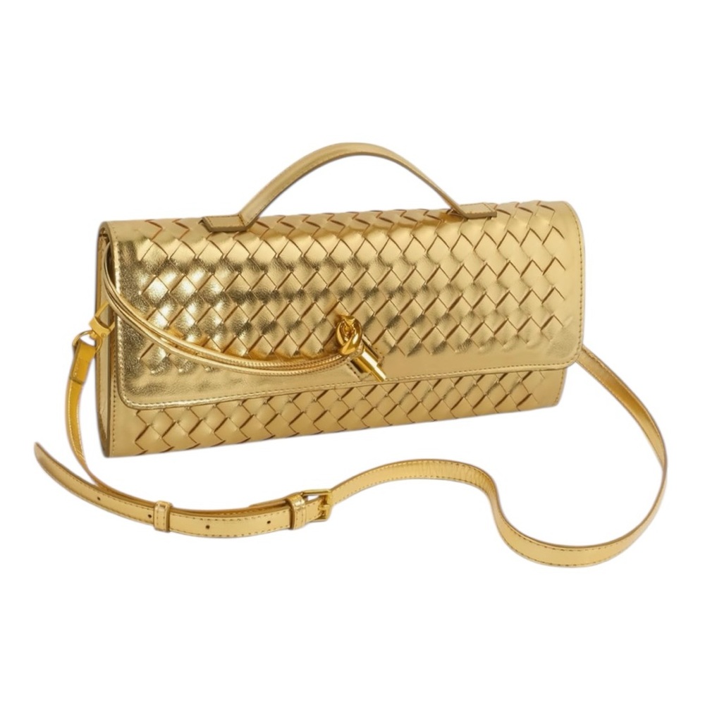 Brand New Gold Woven Formal Satchel Leather Evening Bag, Shoulder Handbag